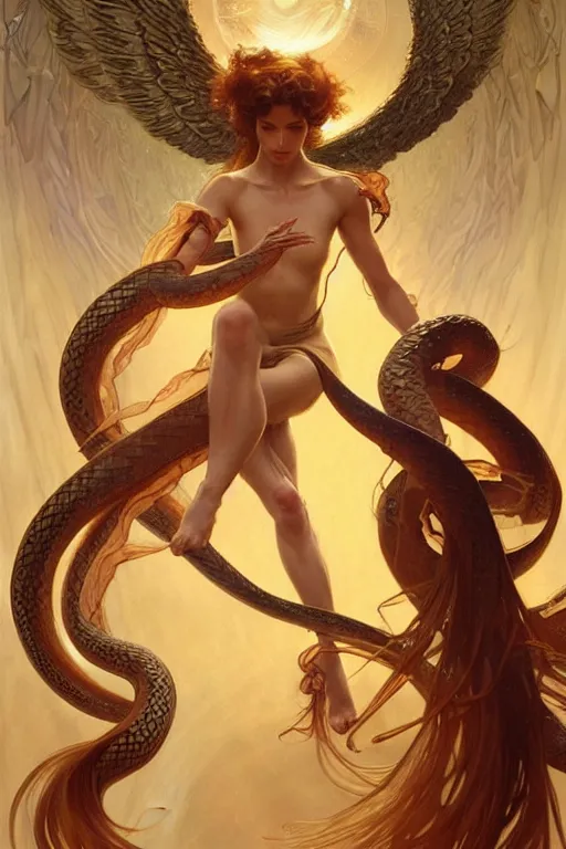 Image similar to group of angels dancing with snakes, fantasy, amber eyes, face, long hair, intricate, elegant, highly detailed, digital painting, artstation, concept art, smooth, sharp focus, illustration, art by artgerm and greg rutkowski and alphonse mucha