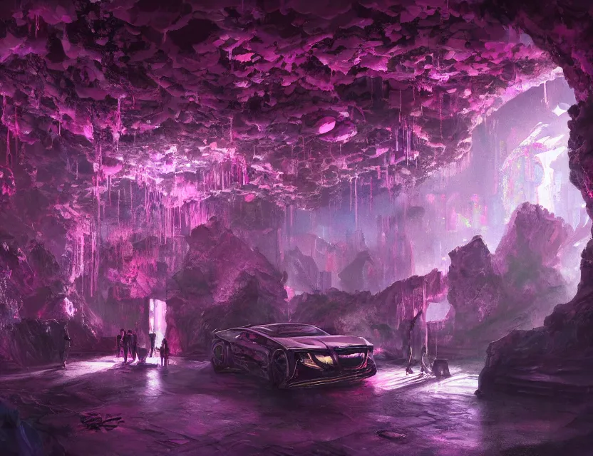 Prompt: cyberpunk nightclub in a cherry blossom dripstone cave. oil painting by award - winning concept artist. backlighting, chiaroscuro, field of depth.