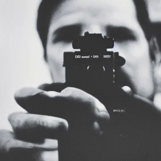 Image similar to An atmospheric close up photo of A man sticking a gun in the camera, bokeh, Polaroid, masterpiece