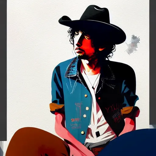 Image similar to an ultradetailed painting of young bob dylan wearing a cowboy hat and smirking by conrad roset, greg rutkowski and makoto shinkai trending on artstation