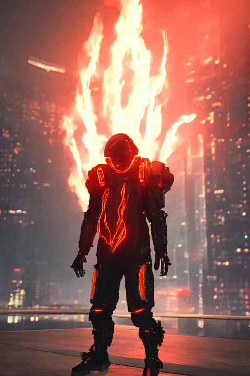 Prompt: Cyberpunk Flame Suit, fantasy, photorealistic, glowing eyes, 4k, cinematic lighting, explosive