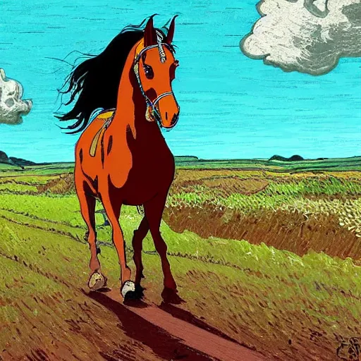 Image similar to painting of a tragic somber horse funeral, in the style of studio ghibli and moebius and vincent van gogh