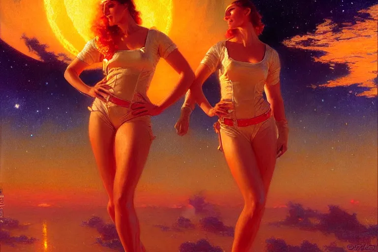 Image similar to stunning female astronauts, sunset, neon light, painting by gaston bussiere, craig mullins, j. c. leyendecker