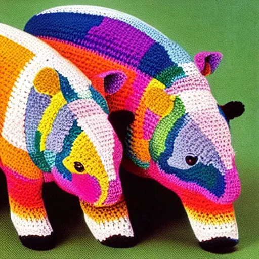 Prompt: multicolored crocheted tapirs, 1 9 8 0 s catalogue photo