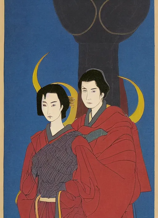 Prompt: portrait of emperor paul atreides and chani, dune, husband and wife, only 2 people, bright blue eyes, scifi, detailed, awe - striking, pious, space opera, in the style of yamato - e, traditional japanese painting, tosa school, tosa mitsuoki, tosa mitsunobu, iwasa matabei