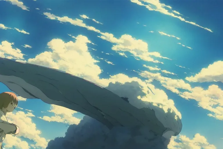 Image similar to painting of a dreamy cloudscape, a flying leviathan in the foreground, exterior wide shot, otherworldly and ethereal by kazuo oga in the anime film by studio ghibli, screenshot from the anime film by makoto shinkai