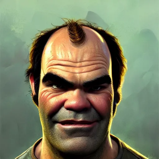 Image similar to trevor philips as shrek face, highly detailed, digital painting, artstation, concept art, sharp focus, illustration, art by greg rutkowski and alphonse mucha