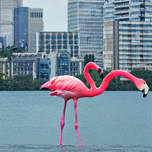 Prompt: photo of giant flamingo attacking a city