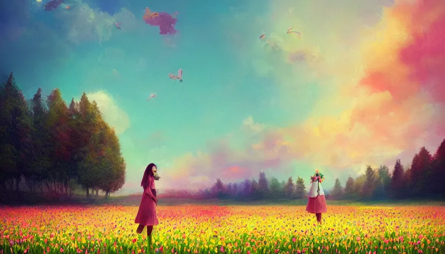 Image similar to girl with a flower face, surreal photography, manipulation, dream, standing in flower field, hills, big trees, sunrise dramatic light, impressionist painting, colorful clouds, digital painting, pointillism, artstation, simon stalenhag, flower