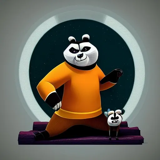 Image similar to “ portrait of a racoon in the style of kung fu panda holding laser gun, with a black background, digital art, award winning, trending on art station, retro style ”