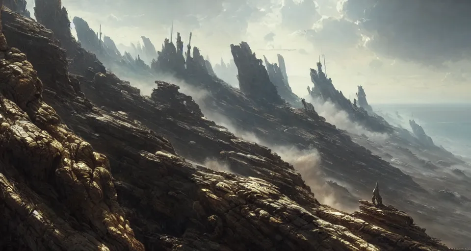 Image similar to hyper realistic sci - fi matte concept art painting of mecha on a cliff overlooking a raging battle, beautiful details, strong composition painted by kim jung guweta studio rutkowski, james gurney and greg rutkowski, and lucasfilm, smooth, intricate, detailed, sharp focus, cinematic