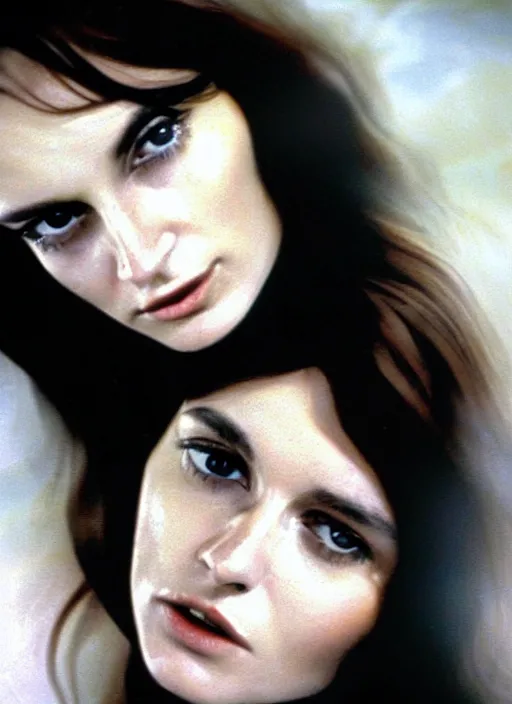 Prompt: film still from a 1971 award-winning Italian film of a young Russian woman with brunette looking at the camera while in a swirling alternate reality. close-up of face with smokey eyeshadow. soft detailed painting at 16K resolution and amazingly epic visuals. epically beautiful image. amazing effect, image looks gorgeously crisp as far as it's visual fidelity goes, absolutely outstanding. vivid clarity. ultra detail. iridescent. mind-breaking. mega-beautiful pencil shadowing. beautiful face. Ultra High Definition. soft shading. soft texture. intensely beautiful.