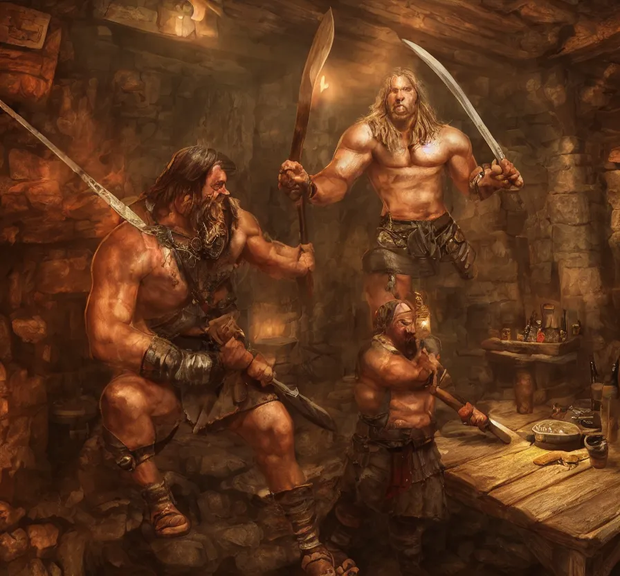 Image similar to barbarian with big axe in medieval tavern, instagram, unreal engine 5, digital art, wallpaper, 8 k, ultra detailed, realistic photo, artstation