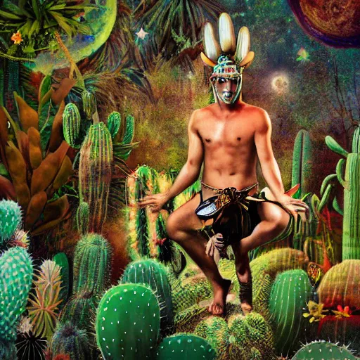 Image similar to spartan in jungle surrounded by cacti, shaman offering peyote, camp fire, full moon with stars, psychedelic surrealism in hyper realistic photo