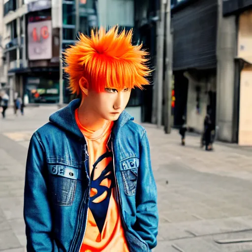 Image similar to orange - haired anime boy, 1 7 - year - old anime boy with wild spiky hair, wearing blue jacket, shibuya street, bright sunshine, strong lighting, strong shadows, vivid hues, sharp details, subsurface scattering, intricate details, hd anime, anime movie, 2 0 2 1 anime