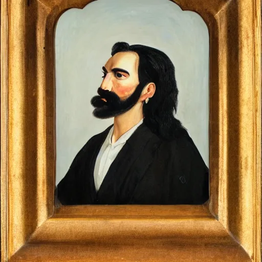 Image similar to A portrait of a man. He has black hair, a black beard, oil painting