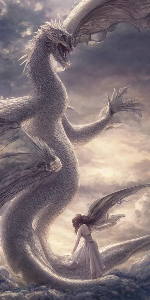 Image similar to the beautiful hyper detailed scene render that a lonely beautiful girl lies in the arms of a huge silver white dragon alone in fairyland surrounded by white clouds, finely detailed angelic face delicate features, style of studio ghibli, makoto shinkai, raphael lacoste, louis comfort tiffany, artgerm, james jean, ross tran, animation style, hd, ultra wide angle