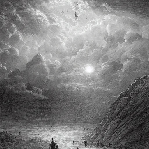 Image similar to apocalyptic landscape, soldier in gasmask, dark clouds, fire, dark, night, eerie, dystopian, city, end times, illustration by Gustave Doré