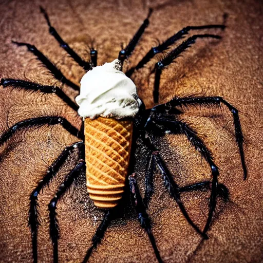 Image similar to detailed photograph of a levitating ice cream cone covered in hairy - legged brown recluse spiders