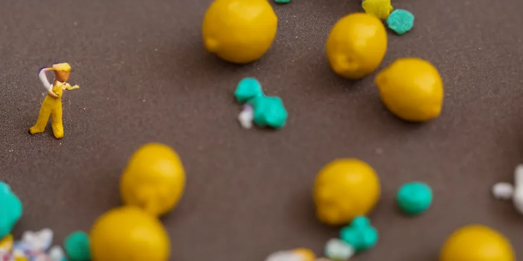 Image similar to a cinematic film still of a claymation stop motion film about a town made of lemons and candy, shallow depth of field, 8 0 mm, f 1. 8