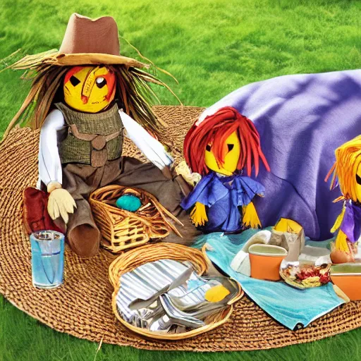 Prompt: scarecrow has a picnic, extremely photorealistic