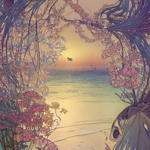 Prompt: a beautiful intricate watercolor illustration of a beach landscape view, 4 k, ultra - wide angle, by william turner, by victo ngai, by alphonse mucha, by miho hirano, hd, trending on artstation, hyper detailed, muted colors, inspiring, beautiful, paradisiac