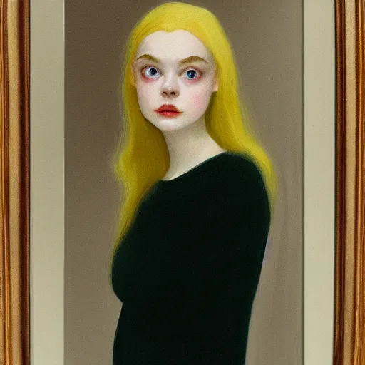 Image similar to Painting of Elle Fanning looking in a haunted mirror, long blonde hair, delicate, pale milky white porcelain skin, by Edward Hopper. 8K. Extremely detailed.