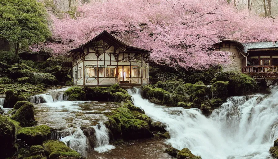 Prompt: a Sophia Coppola 35mm film still of a very surreal magical European castle style cabin with a bookstore cafe behind a lush waterfall, falling cherry blossoms pedals, in the style of Gucci, glowing lights and floating lanterns, foggy atmosphere, rainy, moody, muted colors, magic details, very detailed, 8k, cinematic look