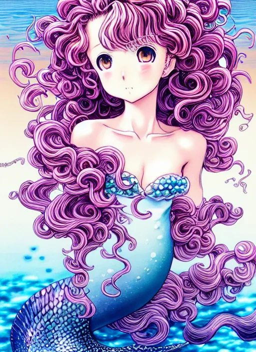 Image similar to manga of beautiful mermaid girl, curls hair, rococo ruffles dress, pastel rainbow, pearlescent, shimmering, reflective, rim light, detailed background, by takeshi obata, katsuhiro otomo, takato yamamoto, illustration, celluloid, dark fantasitc, artstation, concept art, highly detailed, colorful, maximalist