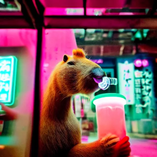 Image similar to capybara drinking bubble tea in cyberpunk, neon, pink and cyan seoul, detailed, street photography