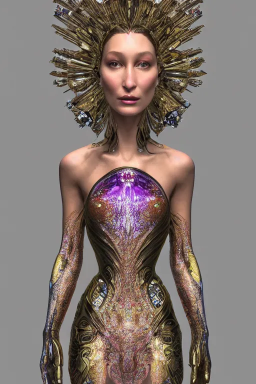 Prompt: a highly detailed metahuman 4 k render of an alien lsd goddess bella hadid in iris van herpen dress schiaparelli in diamonds swarovski and jewelry in style of alphonse mucha gustav klimt trending on artstation made in unreal engine 4