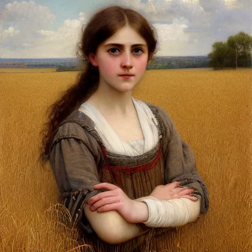 Image similar to a detailed, intricate oil painting portrait of a ukrainian peasant girl who resembles a teenage saoirse ronan and emma watson, in a field of grain, by william adolphe bougereau, john williams waterhouse, and donato giancola