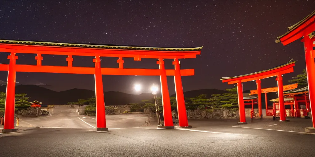 Image similar to A night photo of a american yellow school bus entering a Red Japanese Torii gate at Mount Fuji location in Japan, time travel, 4K, global illumination, ray tracing