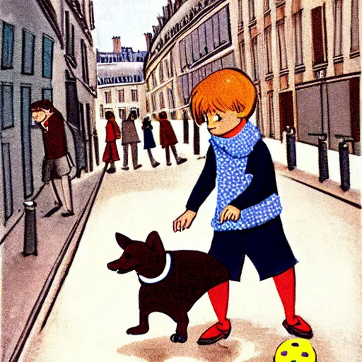 Image similar to book illustration of a french boy on the streets of paris playing football against a corgi, the dog is wearing a polka dot scarf, 1 9 6 6