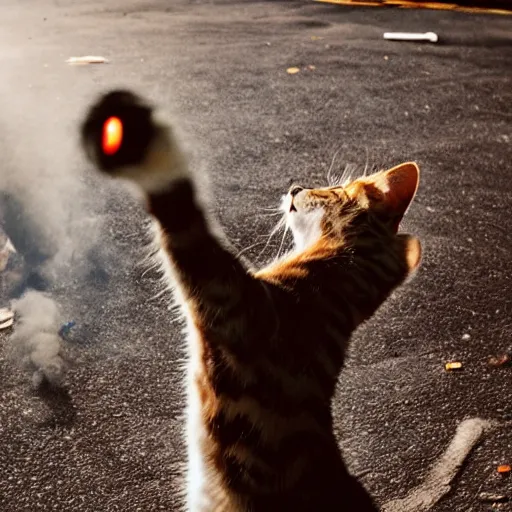 Image similar to professional photograph of a cat throwing a molotov