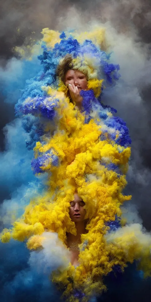 Image similar to woman crying covered in yellow and blue clouds, by kim keever