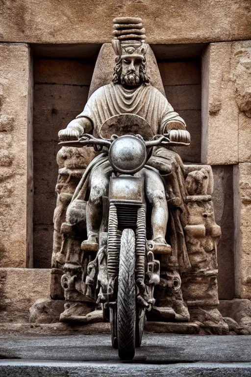 Prompt: photo of the ancient statue of biker on the ancient bike, symmetrical, cinematic, real dlsr photography, sharp focus, 4 k, ultra hd, sense of awe, archeology journal cover