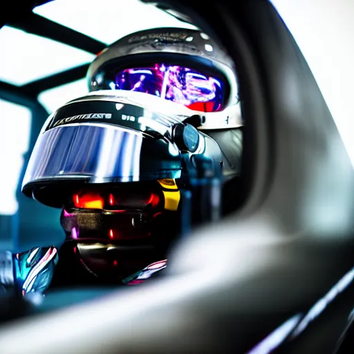 Prompt: cybernetic formula 1 driver, backlit, mirrors on background, glowing eyes, 5 0 mm bokeh,