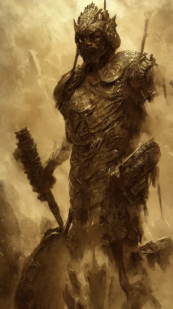 Image similar to zeus god, wearing thunder armor, greek ornamented armor, beksinski, ruan jia, weta workshop concept art