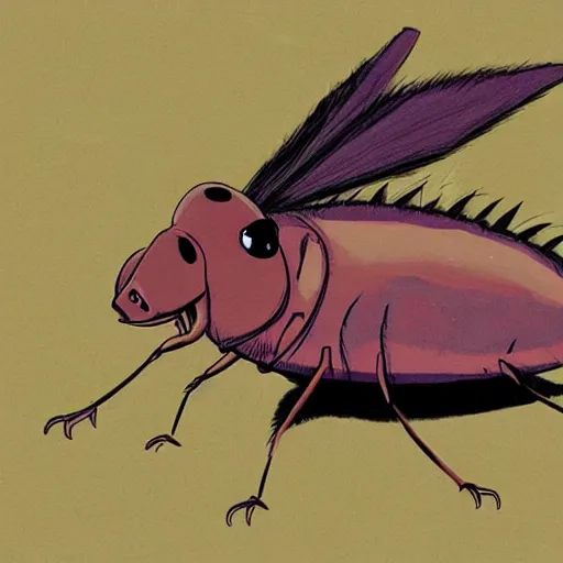 Prompt: anthropomorphous cockroach character, 2d, cartoon style, studio ghibli, character design, concept art