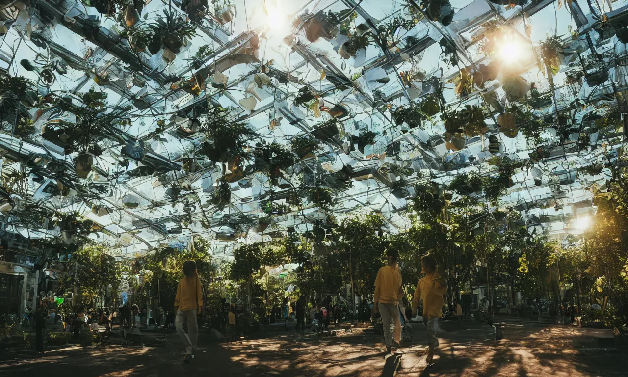 Image similar to candid photo of sunrise atmospherics in a futuristic solarpunk utopia, hanging solar gardens with animals and humans walking in peace, brilliant daylight, leica 8 k still from an a 2 4 film