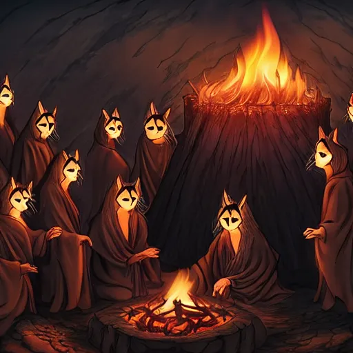 Image similar to a cult of black cloak wearing kittens summon a evil goddess from the depths of a raging fire pit. Flames are emerging from fissures in the ground.