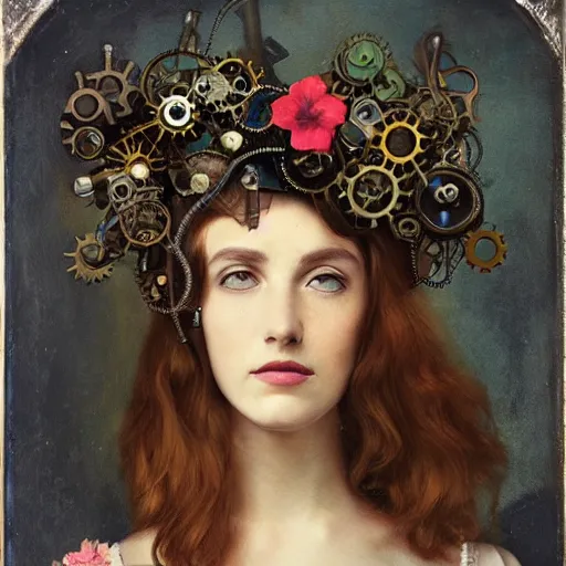 Prompt: portrait of a beautiful young cyborg woman with a big steampunk flower crown and part mechanical face , Pre-Raphaelite