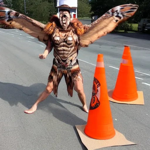 Image similar to ripped physique winged man Norm MacDonald disguised as a mothra whilst wearing a traffic cone hat darick robertson