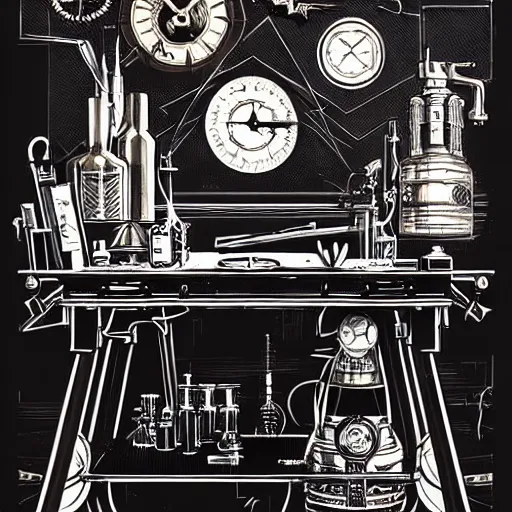 Image similar to a majestic steampunk alchemist work table, furniture high details, bold line art, by vincent di fate and joe fenton, inking, etching, screen print, masterpiece, trending on artstation, sharp, high contrast, hyper - detailed,, hd, 4 k, 8 k