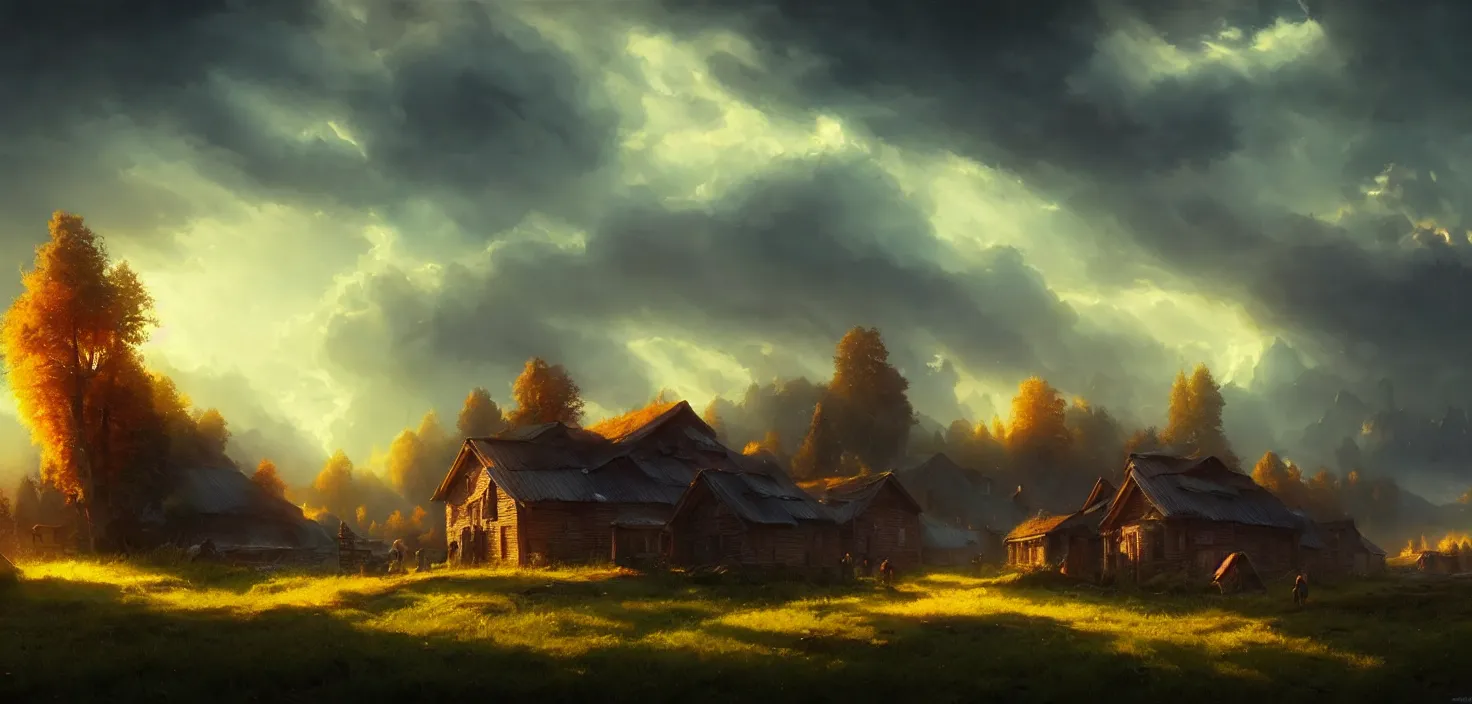 Prompt: russian village, cinematic view, epic sky, detailed, concept art, low angle, high detail, warm lighting, volumetric, godrays, vivid, beautiful, trending on artstation, by jordan grimmer, huge scene, grass, art greg rutkowski