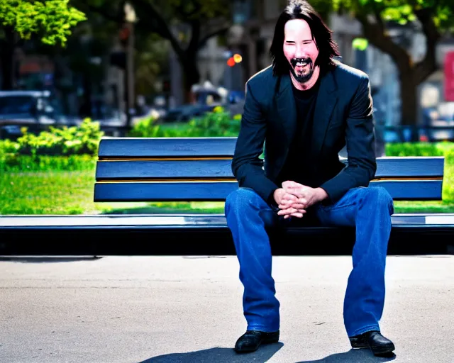 Image similar to 5 5 mm photo of happy keanu reeves in blue jeans and black jacket sitting on a bench in the street. dof. lifelike. ultra detailed. intricate. soft light. nikon d 8 5 0.