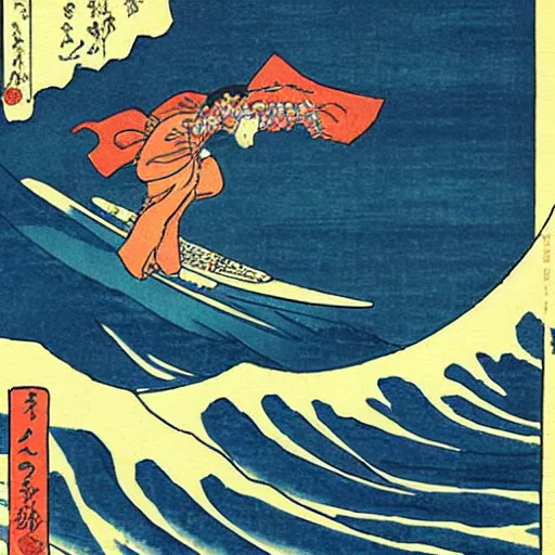 surfing on a big wave, ukiyo-e by Utagawa Kuniyoshi | Stable Diffusion