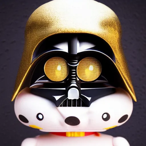 Image similar to darth vader hello kitty hybrid, with compound eyes, portrait photograph, insanely detailed and intricate, golden ratio, realistic 3D, hyper-realistic, super detailed, realistic octane render, 8K, fashion photography, hard light