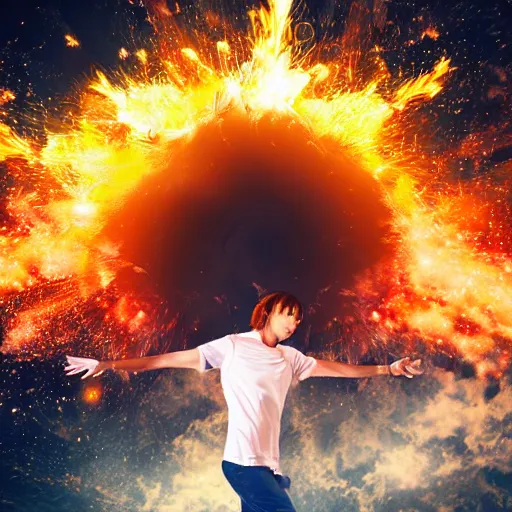 Image similar to man hitting the ground creating a explosion, anime, album cover, musical notes